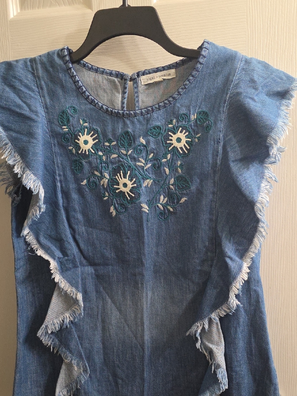 Angel + Premium Blue Denim Sleeveless Tunic with White & Teal Floral Embroidery